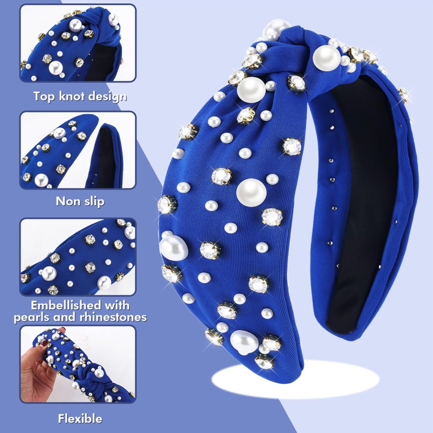 Zkptops Knotted Headband Pearl Rhinestone Headband for Women Beaded Wide Cute Adults Headwear Turban Bride Hairband Fashion Non Slip Sparkly Headpiece Hair Accessory Bachelorette Party Gift(Navy Blue)