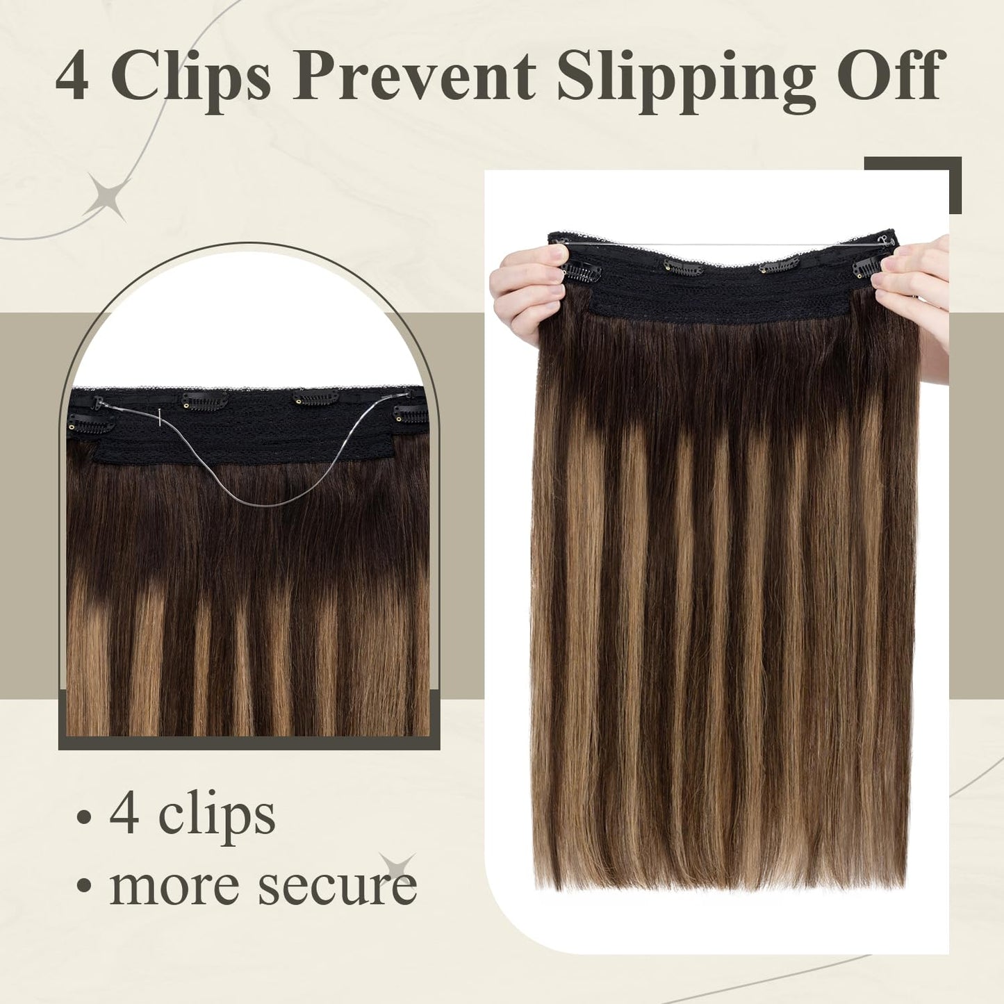 SLEEKALON Invisible Wire Hair Extensions Real Human Hair 16 Inch Dark Brown to Light linen Mix Brown Halo Hair Extensions with Clips Adjustable Fish Line Wire Hair Extensions For Women 95g,#2T2P6