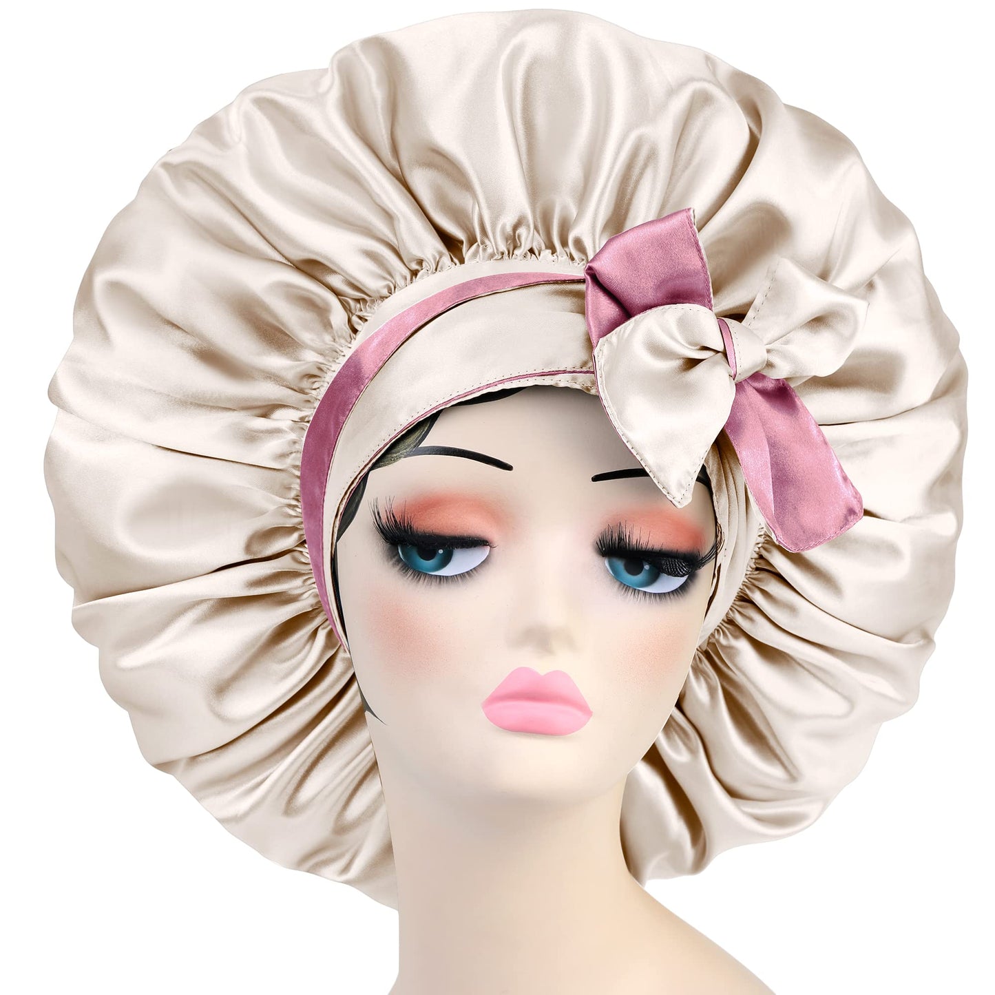 Satin Silk Bonnet Hair Cap: Extra Large Jumbo Adjustable Double Layer Reversible Sleeping Satin Lined Bonnets Night Cap (Rosegold&Champagne)