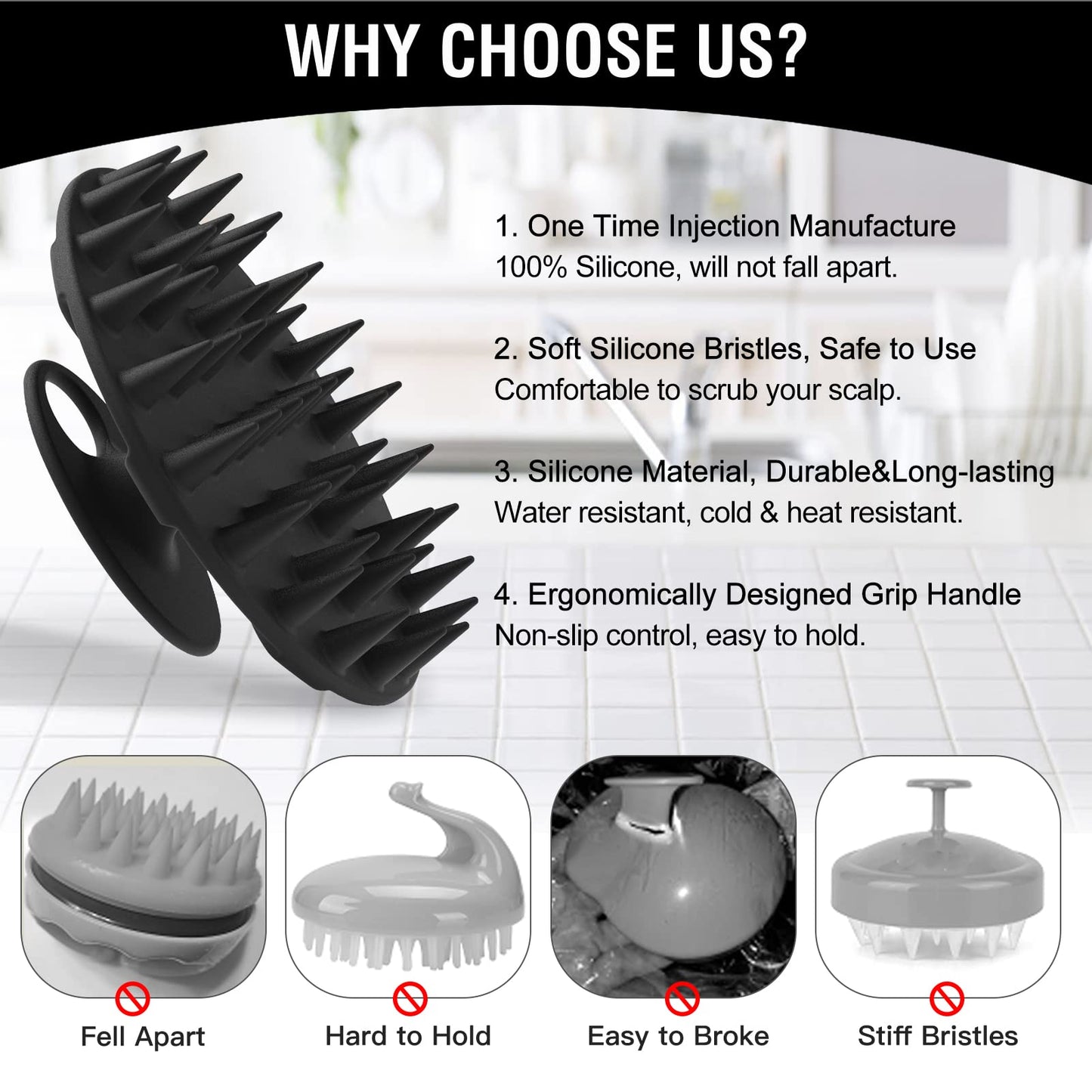 BEAUTAIL 1 Pack Silicone Body Scrubber Bath Shower Brush and 1 Pack Silicone Scalp Massager Shampoo Brush, Black