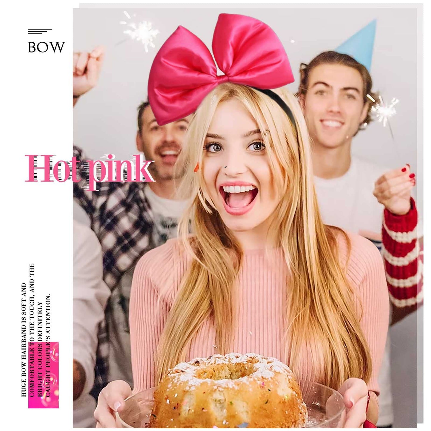 Olbye Bow Headbands with Large Bowknot - Red and Hot Pink Hair Accessories for Halloween, Christmas Party, Costume, Cosplay (2Pcs)