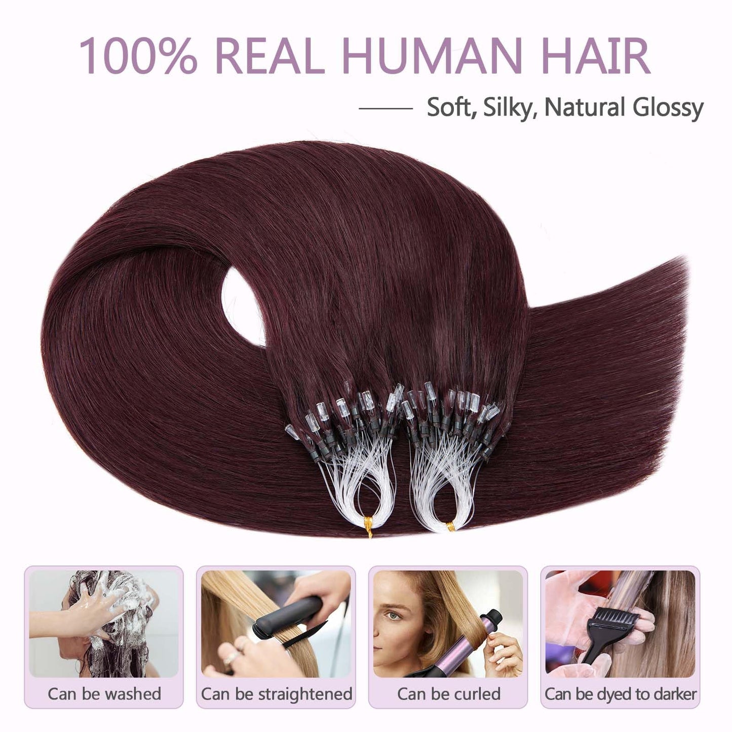 Benehair Micro Loop Hair Extensions Real Human Hair Wine Red Microlink Hair Extensions Human Hair 22inch Micro Link Hair Extensions for Women Invisible Natural Hair Extensions Add Volume