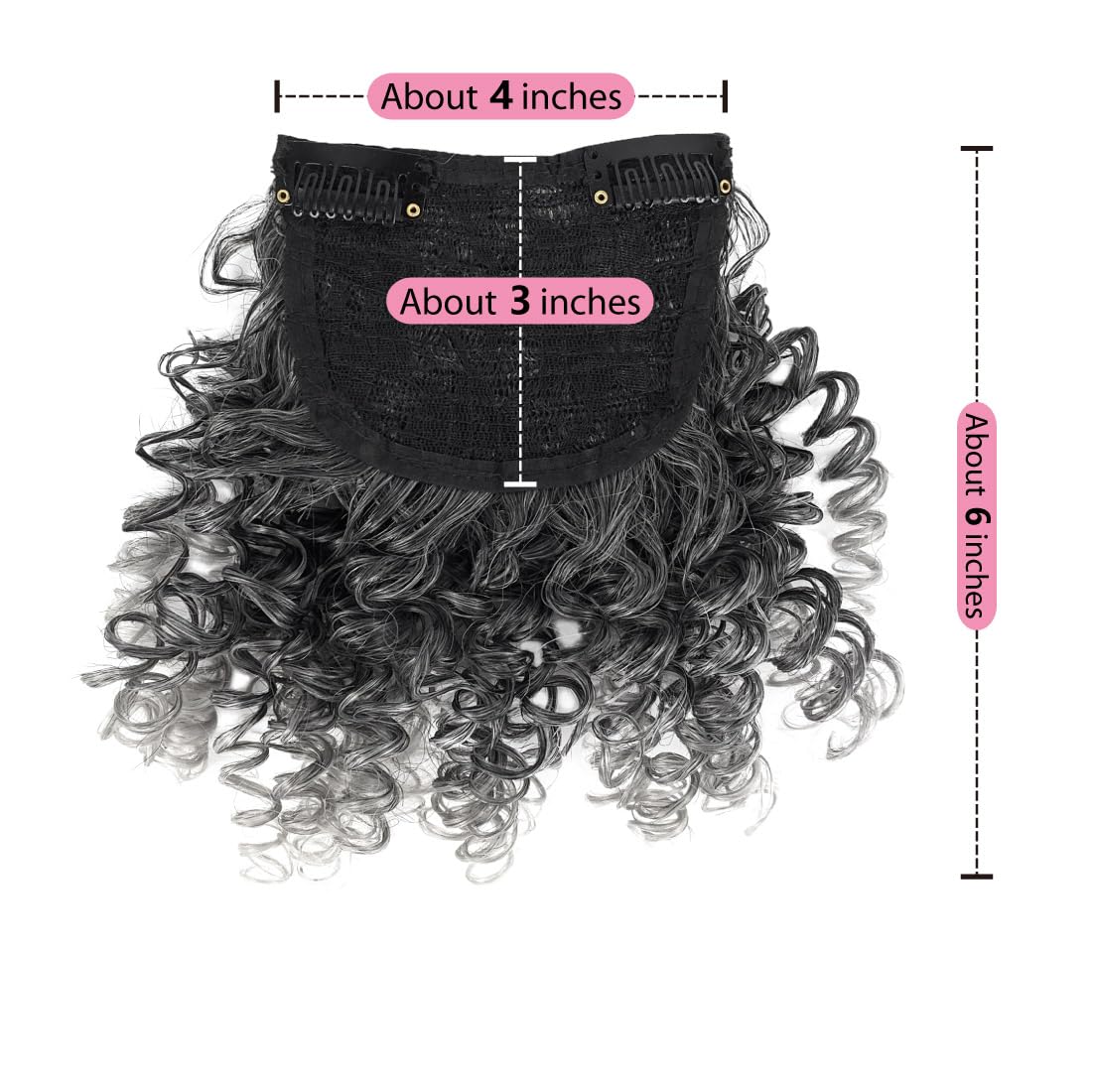 UAmy hair Spring Curl Bangs for Black Women Replaceable Curly Bangs with 2 BB Clips in Hairpieces Synthetic Curly Bangs for Daily Wear(T1B/Gray)