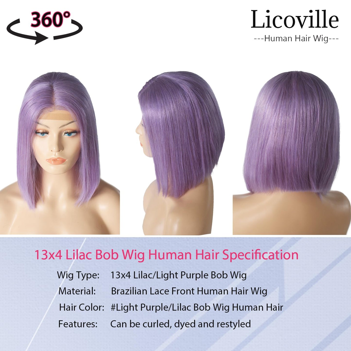 Short Human Hair Wigs Light Purple Bob Wig 13x4 Lace Frontal Wig Human Hair Straight Lilac Bob Wigs for Black Women Pre Plucked Colored HD Lace Glueless Bob Wig Human Hair 14 Inch 180% Density