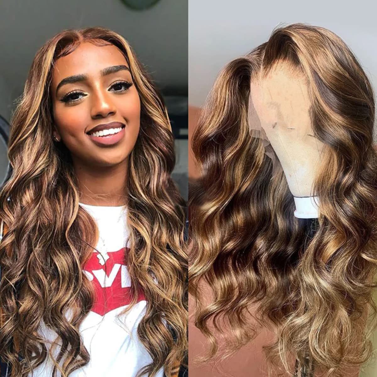 yimisunny Highlight Lace Front Wigs Human Hair Wavy Highlight Wig Human Hair 150% HD Transparent Highlight Ombre Lace Front Wig Human Hair Honey Blonde Pre Plucked With Baby Hair 20 Inch