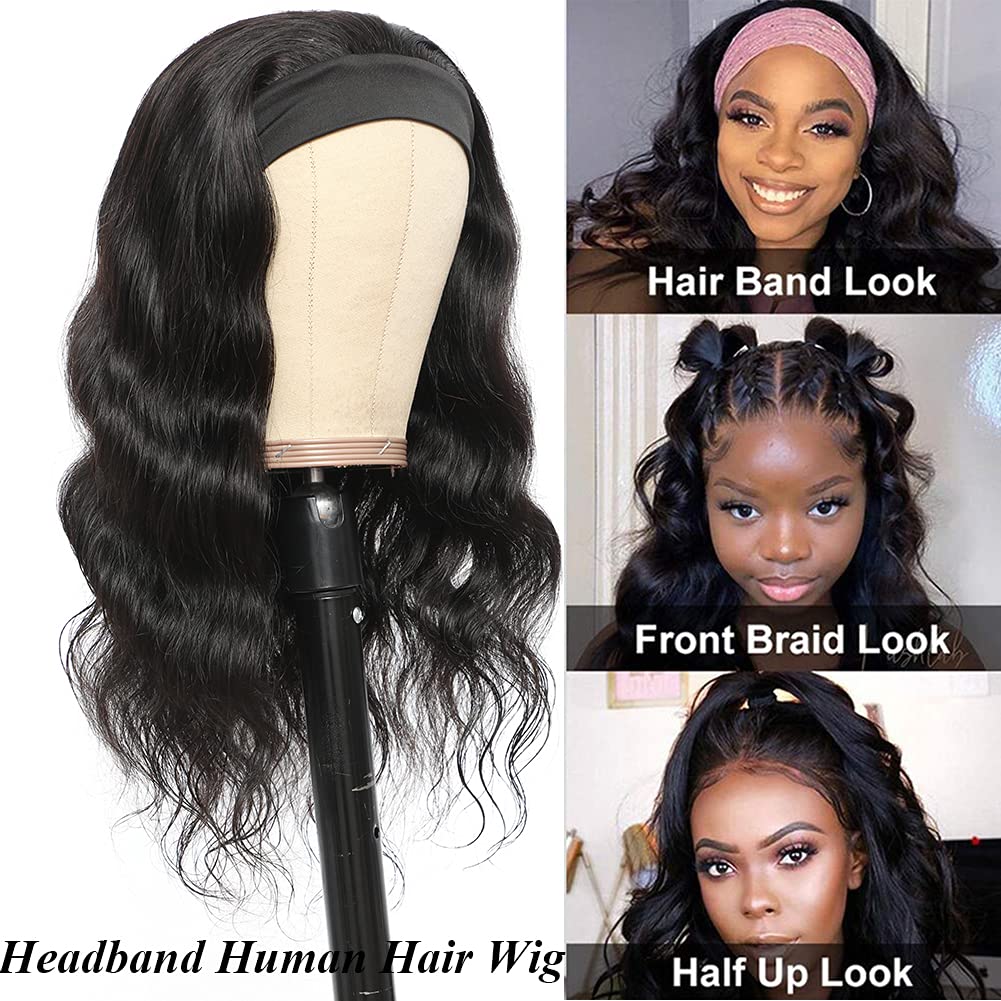 Amella Hair Body Wave 18" Human Hair Headband Wig for Black Women Glueless None Lace Front Wigs 8A Brizilian Virgin Hair Machine Made Headband Wigs Human Hair 150% Density