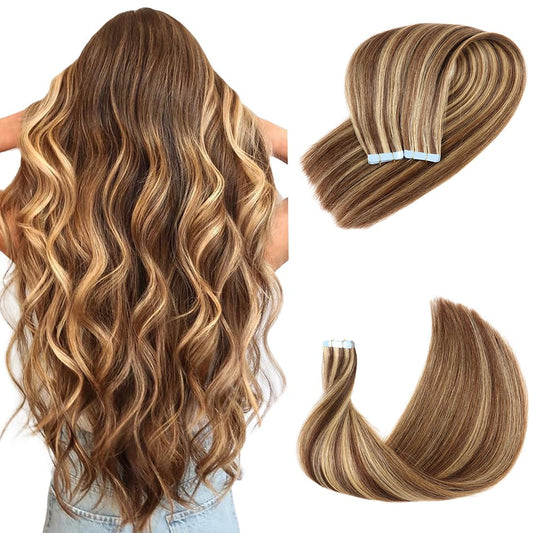 Tape in Hair Extensions Human Hair 4/27 Highlight Brown Straight Tape in Human Hair Extensions Adhesive Glue on Premium Quality Silky Invisible Seamless Skin Weft 22 inches 20pcs 50g/pack