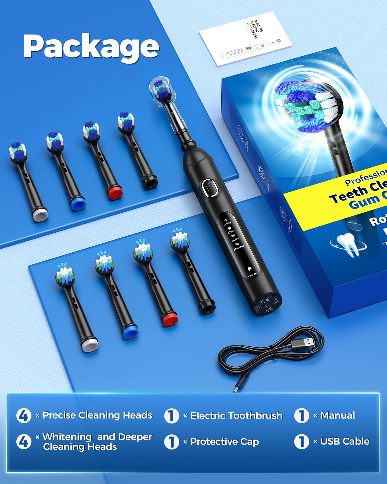 TEETHEORY Rotating Electric Toothbrush for Adults with 8 Brush Heads (2 Types), 4 Modes Deep Clean Electric Toothbrush with Rechargeable Power and 2 Min Smart Timer (1- Black, p1)