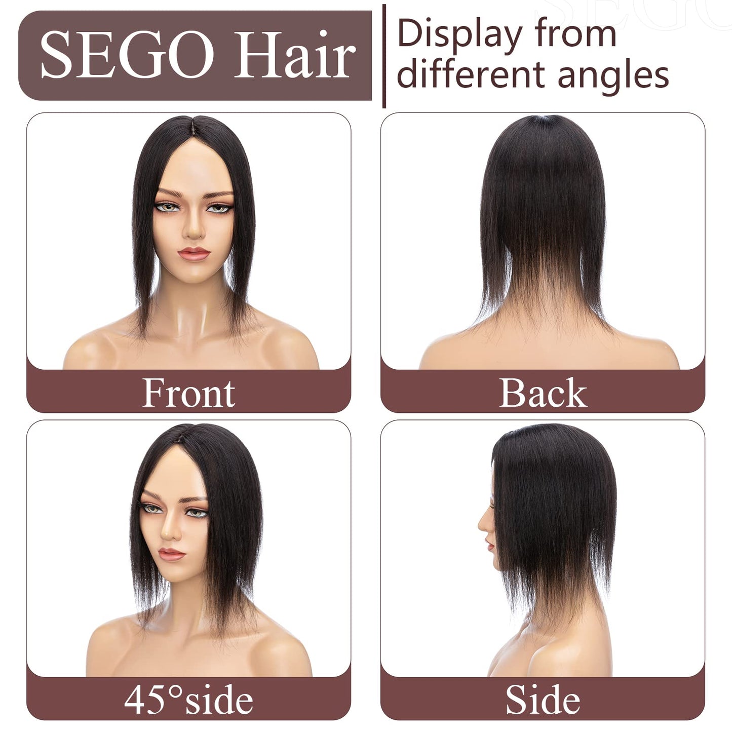 SEGO Clip in Hair Topper For Women, No Bangs Remy Human Hair Toppers Silk Base Top Wiglet Hairpieces for Hair Loss Thinning Hair Cover Grey Hair 4 Clips