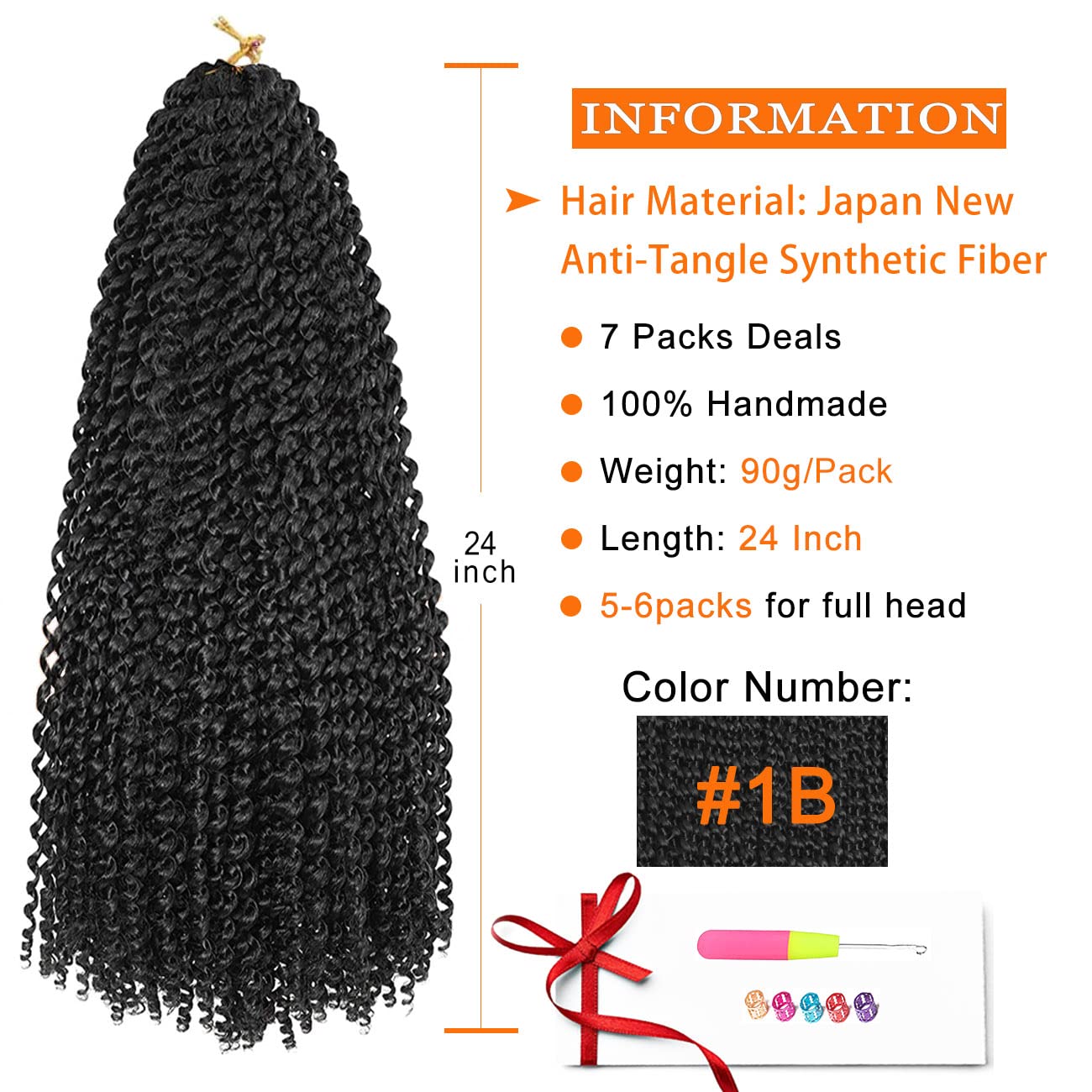 Passion Twist Hair 24 Inch 7 Packs Black Water Wave Crochet Hair for Passion Twists Long Bohemian Braiding Protective Style Hair Extensions, Tangle Free, No odor, Skin Friendly (24 Inch 7 Packs,1B#)