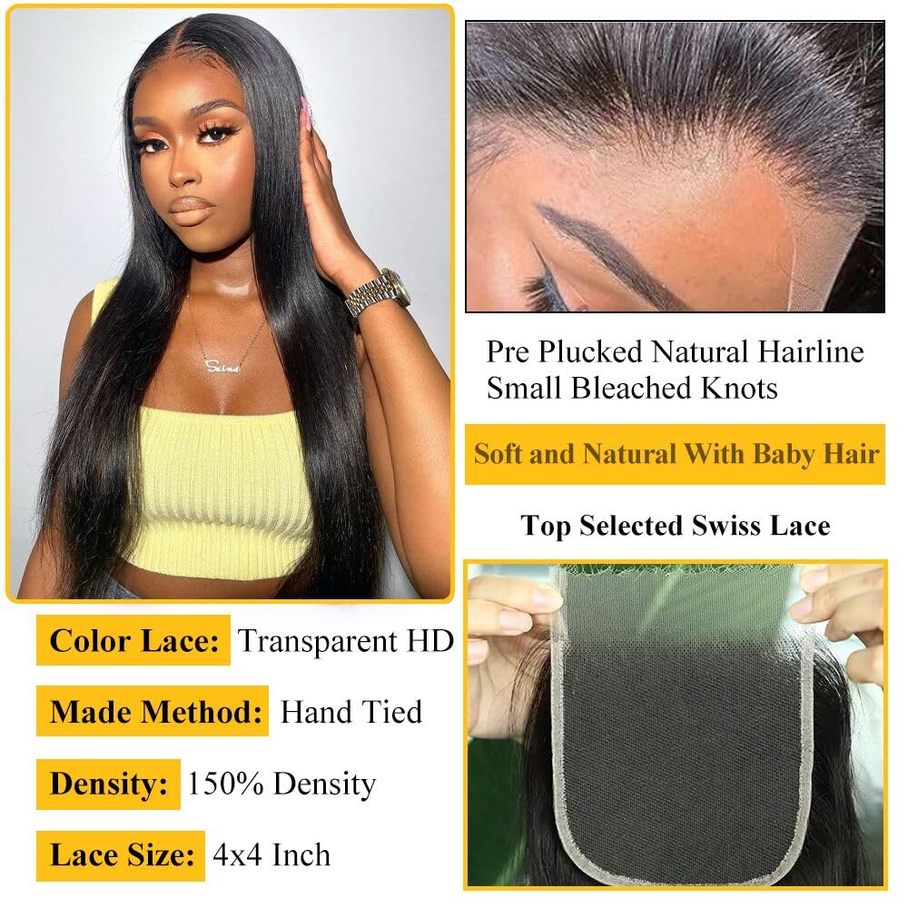 QTHAIR 14A Brazilian Straight Hair 3 Bundles with Transparent HD Lace Closure(12" 14" 14" with 10") Brazilian Straight Virgin Hair Weave 100% Unprocessed Brazilian Hair Straight Human Hair Weave