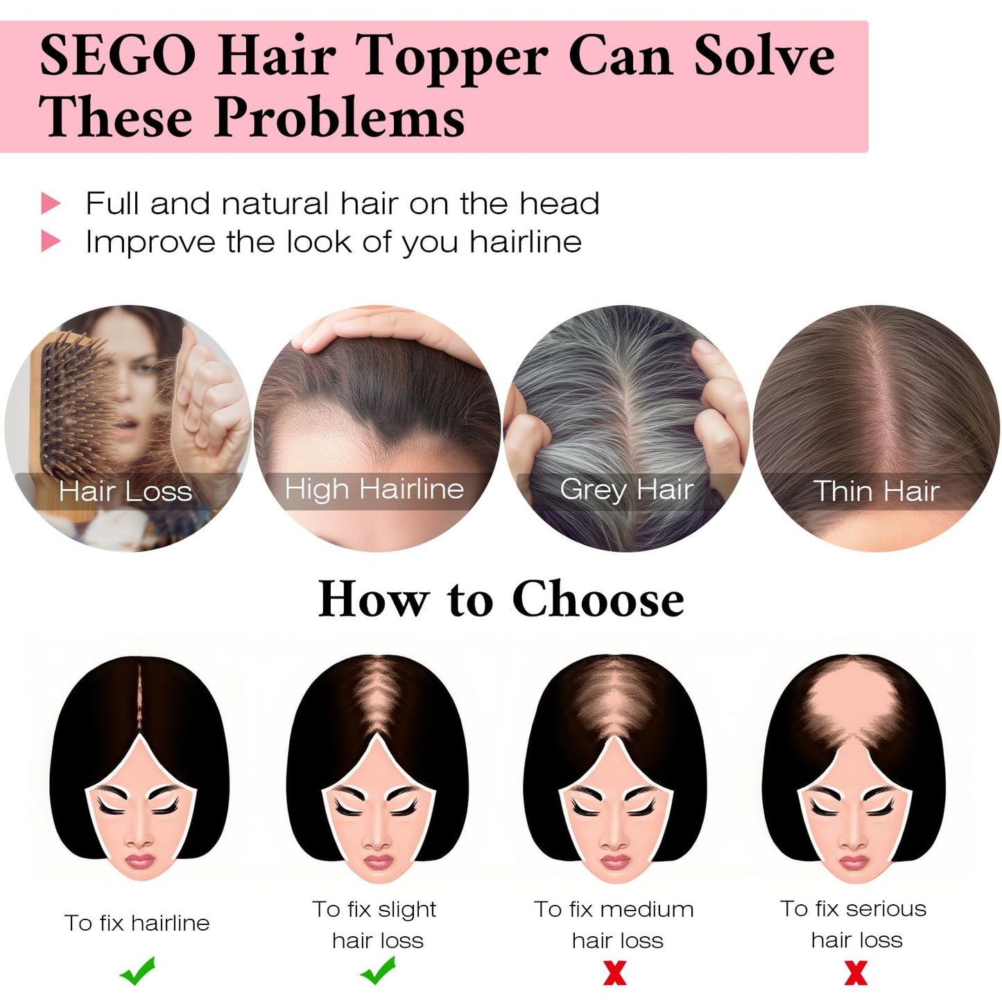 SEGO 100% Real Human Hair Toppers with Bangs,Silk Base 150% Density Clip in Topper Top 2.7”x5.1” Hair Pieces for Women with Thinning Hair/Hair Loss Cover Gray Hair
