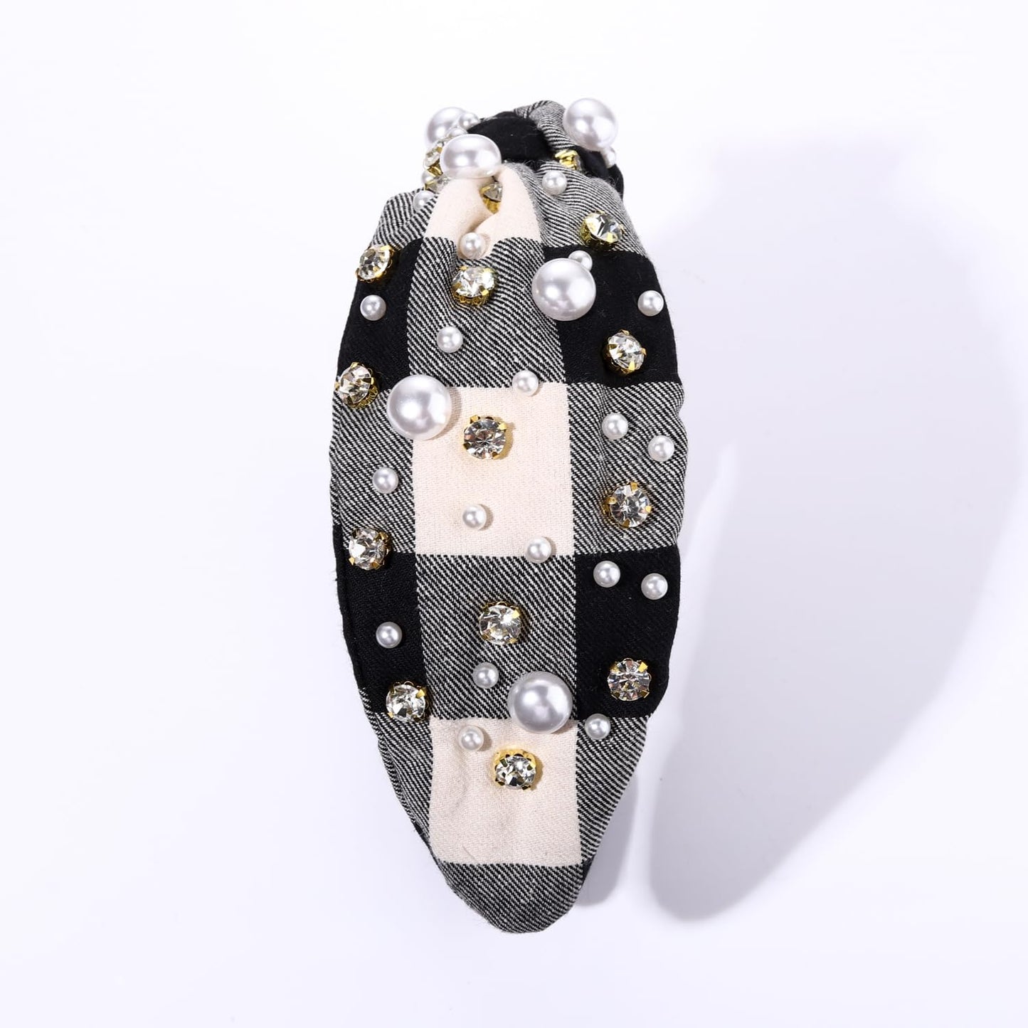 Women's Xmas Embellished Plaid Knotted Headband with Rhinestones, Crystals and Pearls - Holiday Outfit Accessory Gift (White Black)