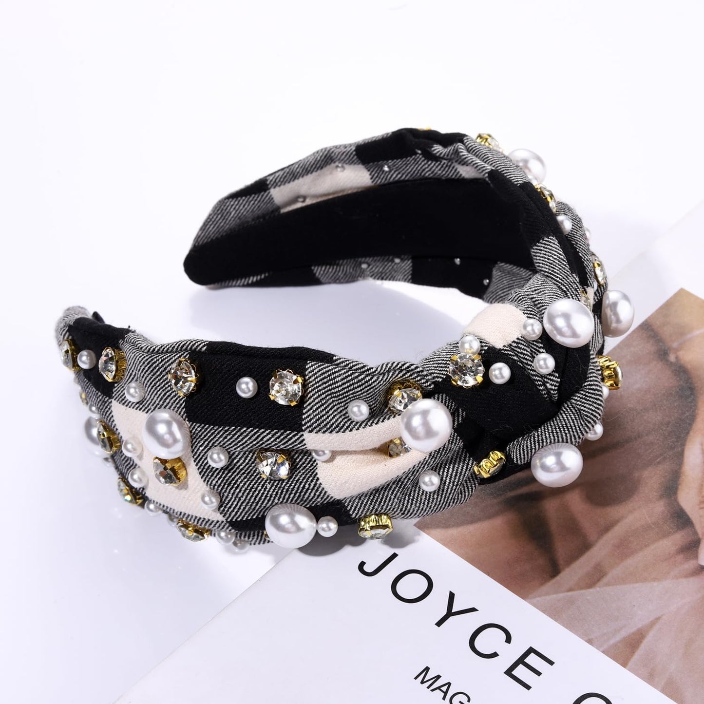 Women's Xmas Embellished Plaid Knotted Headband with Rhinestones, Crystals and Pearls - Holiday Outfit Accessory Gift (White Black)