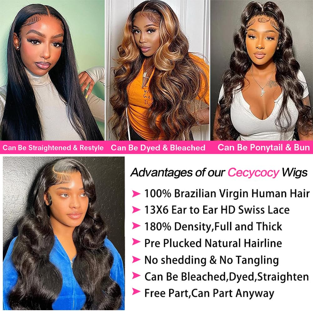 Cecycocy 12A 180% Density Full Lace Frontal 13x6 Natural Black Body Wave Lace Front Virgin Human Hair Wigs Loose Wave 13x6 Transparent Wigs For Black Women Brazilian Pre Plucked With Baby Hair(20inch)