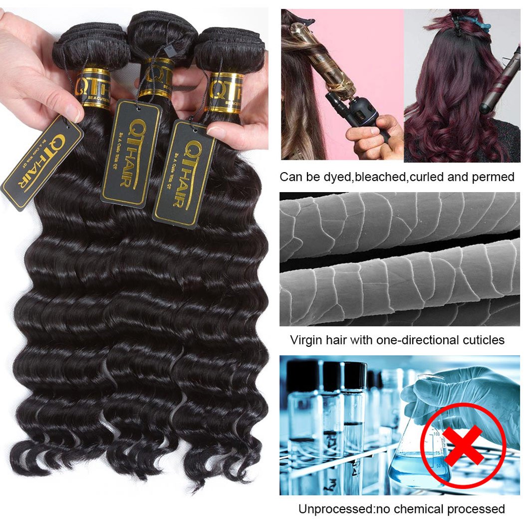 QTHAIR 14A Peruvian Loose Deep Curly Frontal with Bundles 13x4 Lace Frontal Closure with Baby Hair Free Part (16 18 20+14,Natural Black) Peruvian Deep Wave Human Hair with Ear to Ear Lace Frontal