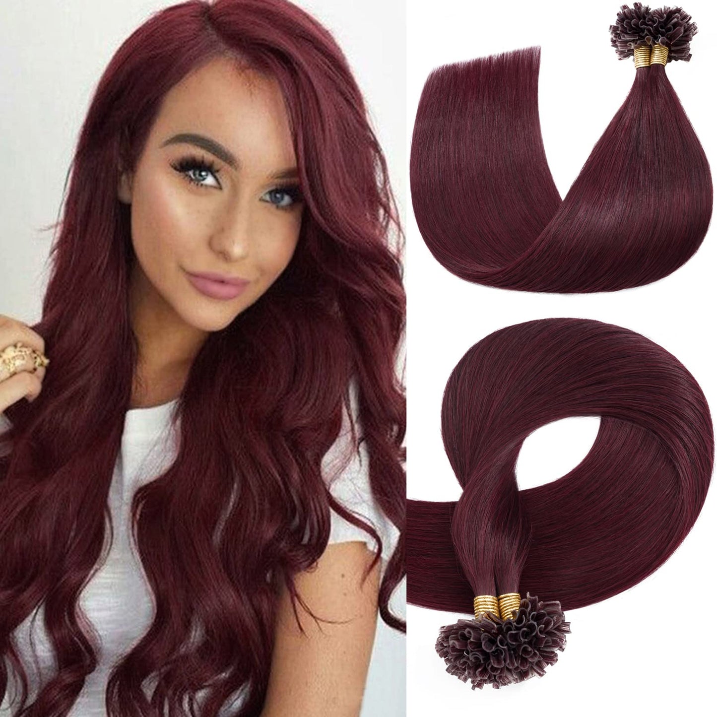 S-noilite U Tip Hair Extensions Human Hair Burgundy U Tip Fusion Hair Pre Bonded Nail Tipped Hair Italian Keratin Glue Remy Human Hair Straight 100 Strands/50g 22 Inch (#99J Wine Red)
