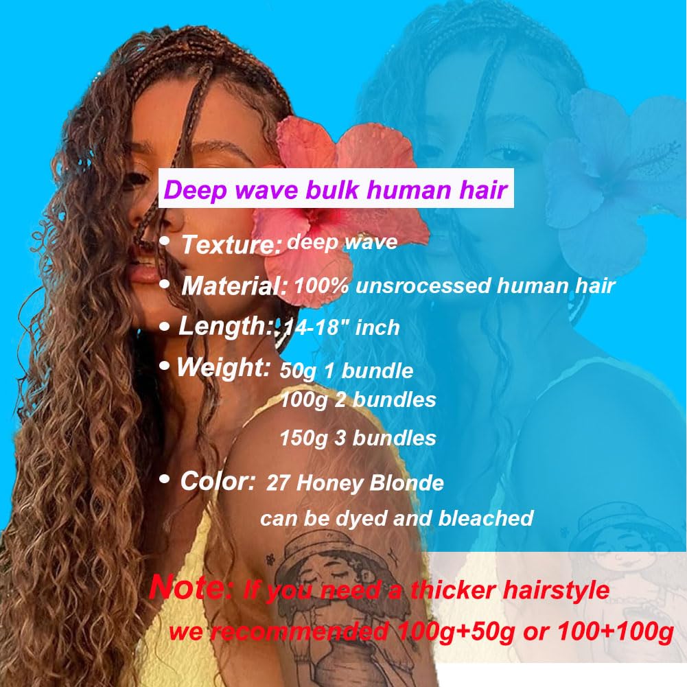 Niviorvan 27 (Honey Blonde) Human Braiding Hair 18 Inch 3 Bundle 150 g Deep Wave Bulk Human Hair for Braiding No Weft Curly Human Hair Extensions for Boho Braids Wet and Wavy Human Hair