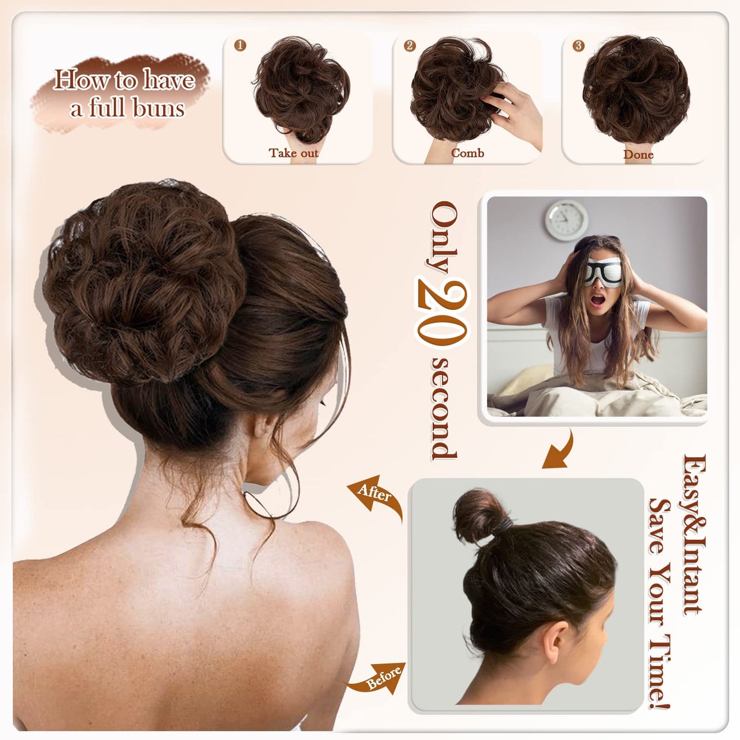 Wodelanle Claw Clip Messy Bun Hair Piece Wavy Hair Bun Curly Messy Bun Hair Piece Synthetic Tousled Updo Hair Extensions Ponytail Scrunchies Hairpieces for Women,Light Brown