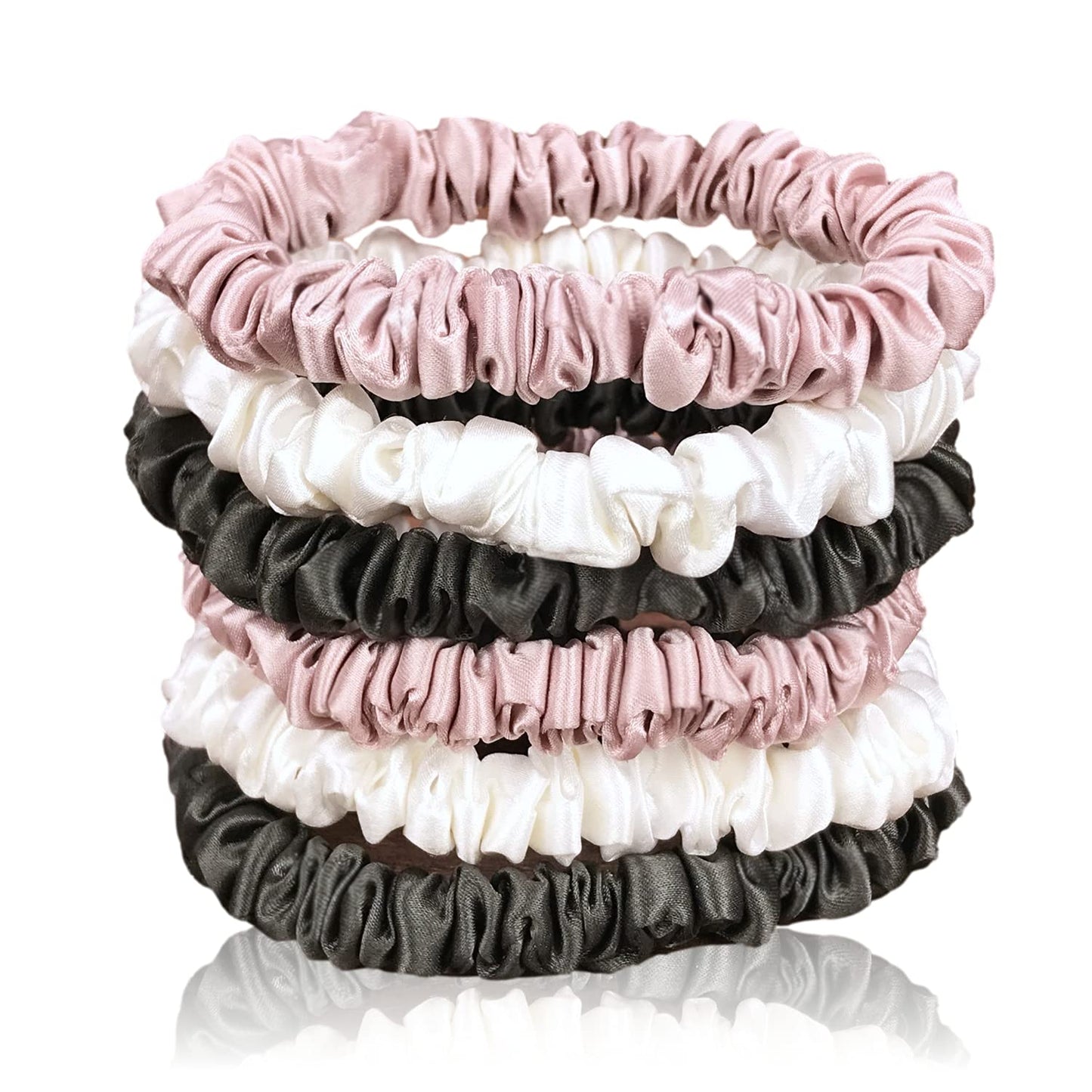 Celestial Silk Mini Scrunchies Small Mulberry Silk Scrunchy Hair Ties 22 Momme Skinny Silk Ponytail Holder, Gentle on Hair, Less Pulling, Breakage - 6 Pack (Charcoal, Pink, Ivory)
