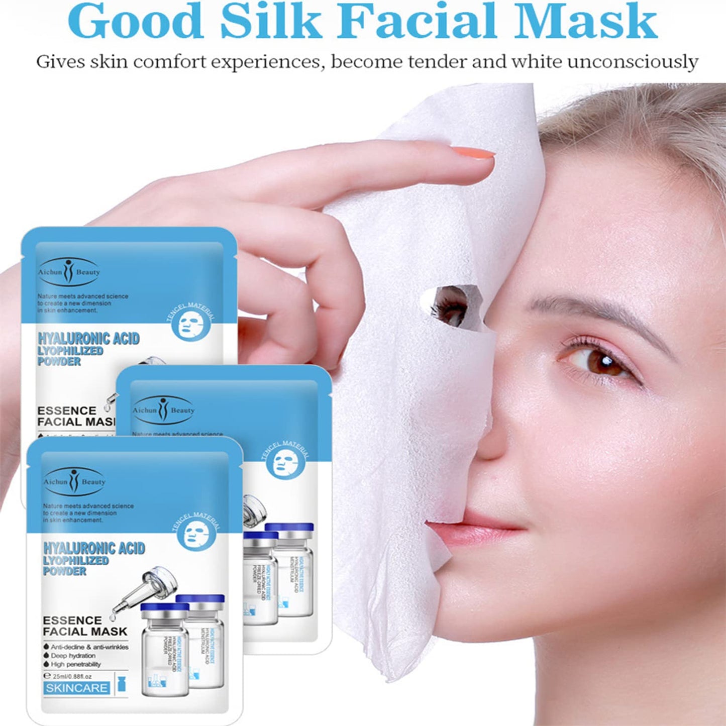 AICHUN BEAUTY Essence Facial Mask Tencel Material Anti-acne Anti-wrinkles Repair After Sun Moisturizing Deep Cleaning Contractive Pore 25ml/0.88fl.oz X 10pcs (HYALURONIC ACID LYOPHILIZED POWDER(10pcs))