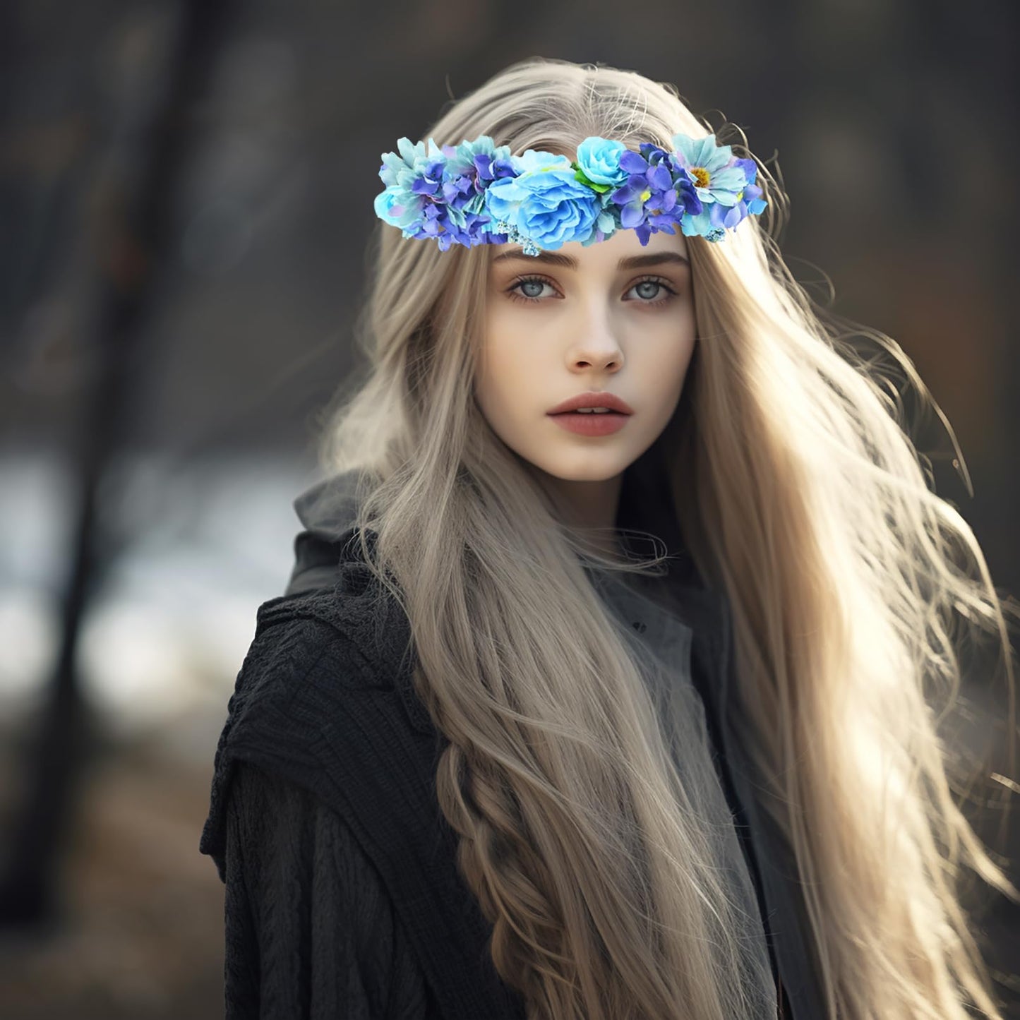 Vivivalue Rose Flower Crown Flower Garland Headband Hair Wreath Floral Headpiece Halo Boho with Ribbon Wedding Party Festival Photos Blue