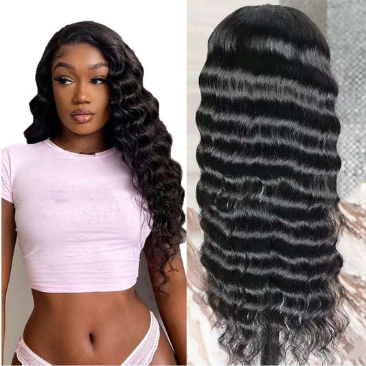 Tzihaano 4x4 HD Transparent Lace Frontal Wigs Human Hair Natural Black Color 150% Density Brazilian Remy Human Hair Wig 22 Inch Deep Wave Lace Front Wigs Human Hair Glueless Wig for Black Women