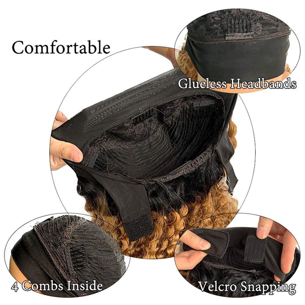 YiweYowe 22 Inch Ombre Headband Wig Human Hair Blonde 1b27 Colored Glueless No Lace Wig 150% Density Brazilian Virgin Hair Machine Made Wig 1B27 Curly Wave Honey Blonde Wig Human Hair