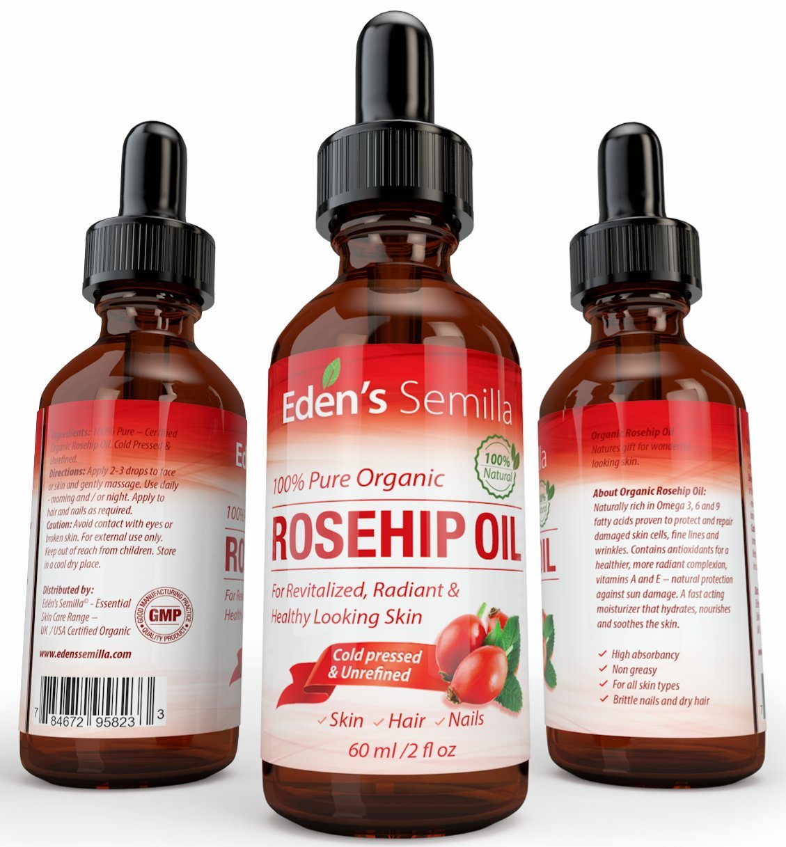 100% Pure Rosehip Oil - 60ml - Certified ORGANIC - Natural/Cold pressed & Unrefined - NON Greasy HIGH absorbency