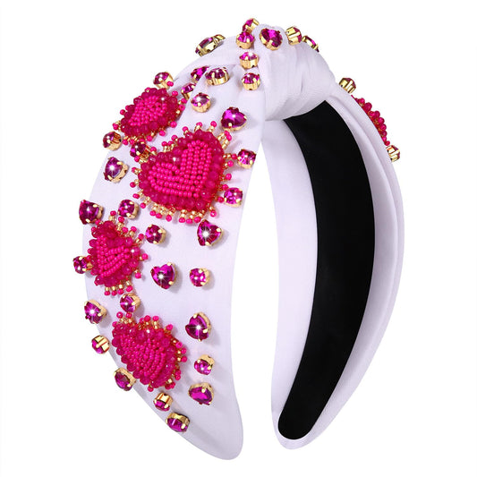PHALIN Valentine's Day Headband for Women Beaded Heart Knotted Headband Embellished Crystal XOXO Headband Valentine's Day Hair Accessories Gifts (Style E)