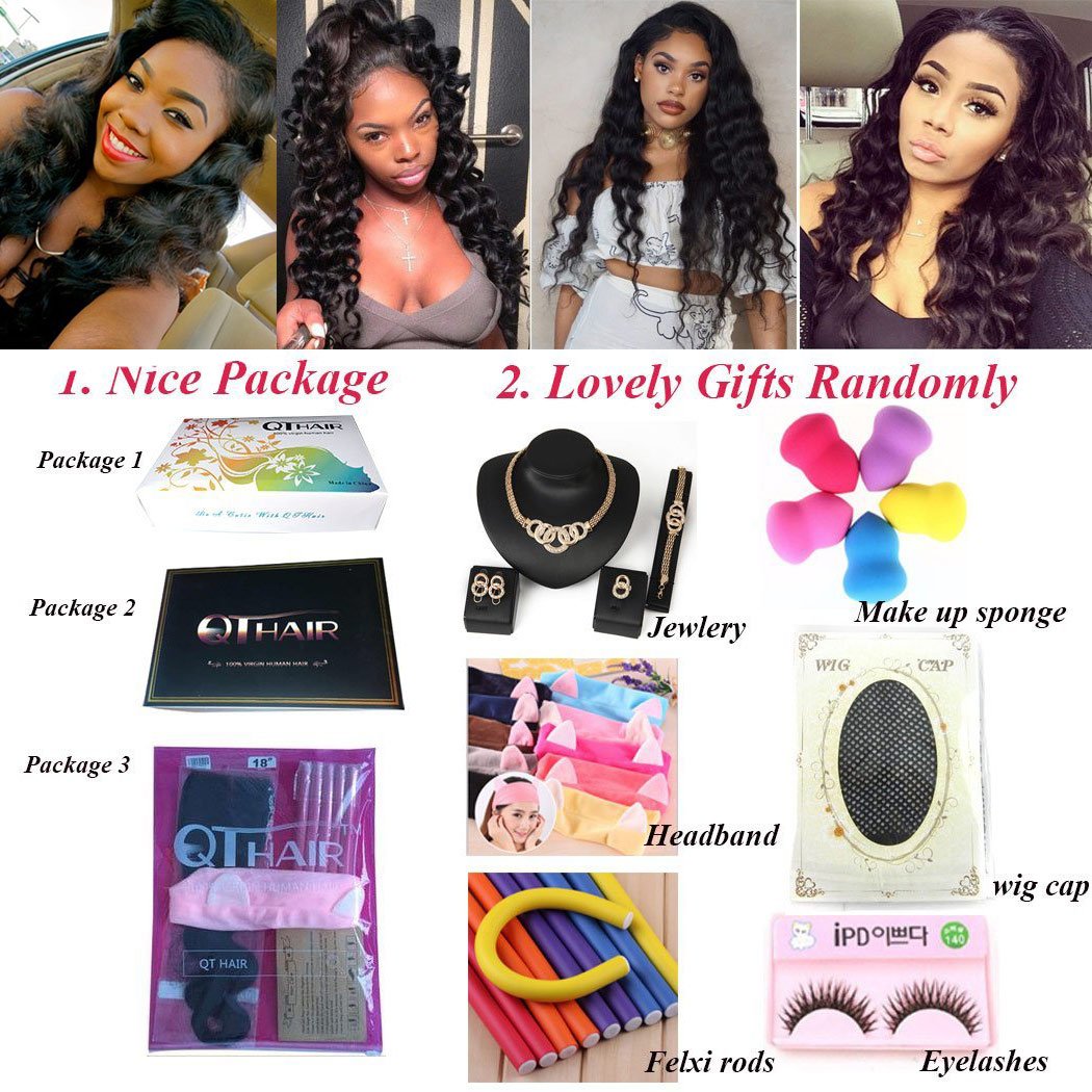 QTHAIR 14A Peruvian Loose Deep Curly Frontal with Bundles 13x4 Lace Frontal Closure with Baby Hair Free Part (16 18 20+14,Natural Black) Peruvian Deep Wave Human Hair with Ear to Ear Lace Frontal