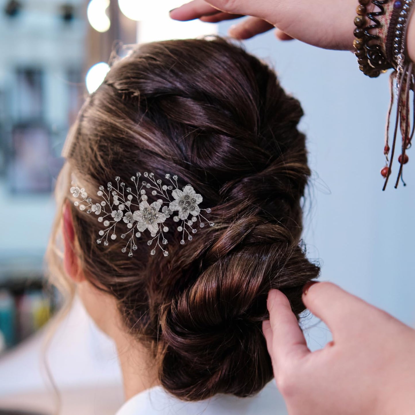 VMila Wedding Pearl Hair Comb - Bridal Hair Accessories with Flower and Diamond Vine for Women and Girls