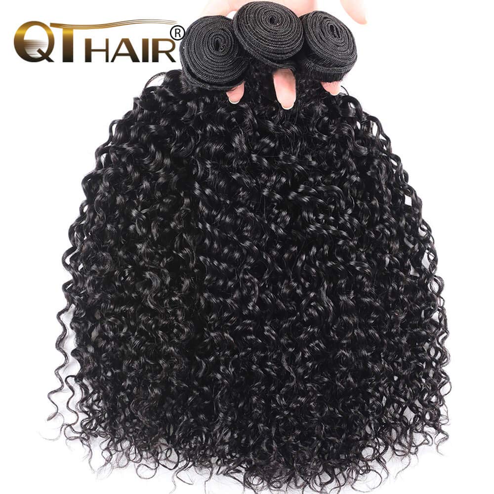QTHAIR 14A Brazilian Curly Virgin Human Hair Bundles with 4X4 Middle Part Lace Closure Unprocessed Human Hair Extensions Natural (14 16 18+12,lace closure)