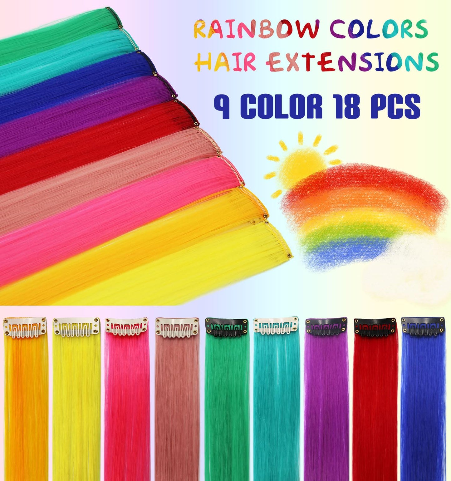 SARARHY 9 Color 18 PCS Multicolored Hair Extensions clip in Kids Highlights 21inch Straight Colored Hair Extension Clip In For Girls and Women Party Rainbow Wig Hairpieces