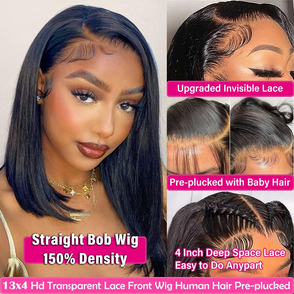 X-TRESS Bob Wig Human Hair Glueless Wig Wear and Go 13x4 HD Lace Front Wigs Human Hair Natural Black Pre-plucked Tiny Knots 14 Inch Short Straight Bob Wigs for Black Women 100% Brazilian Human Hair