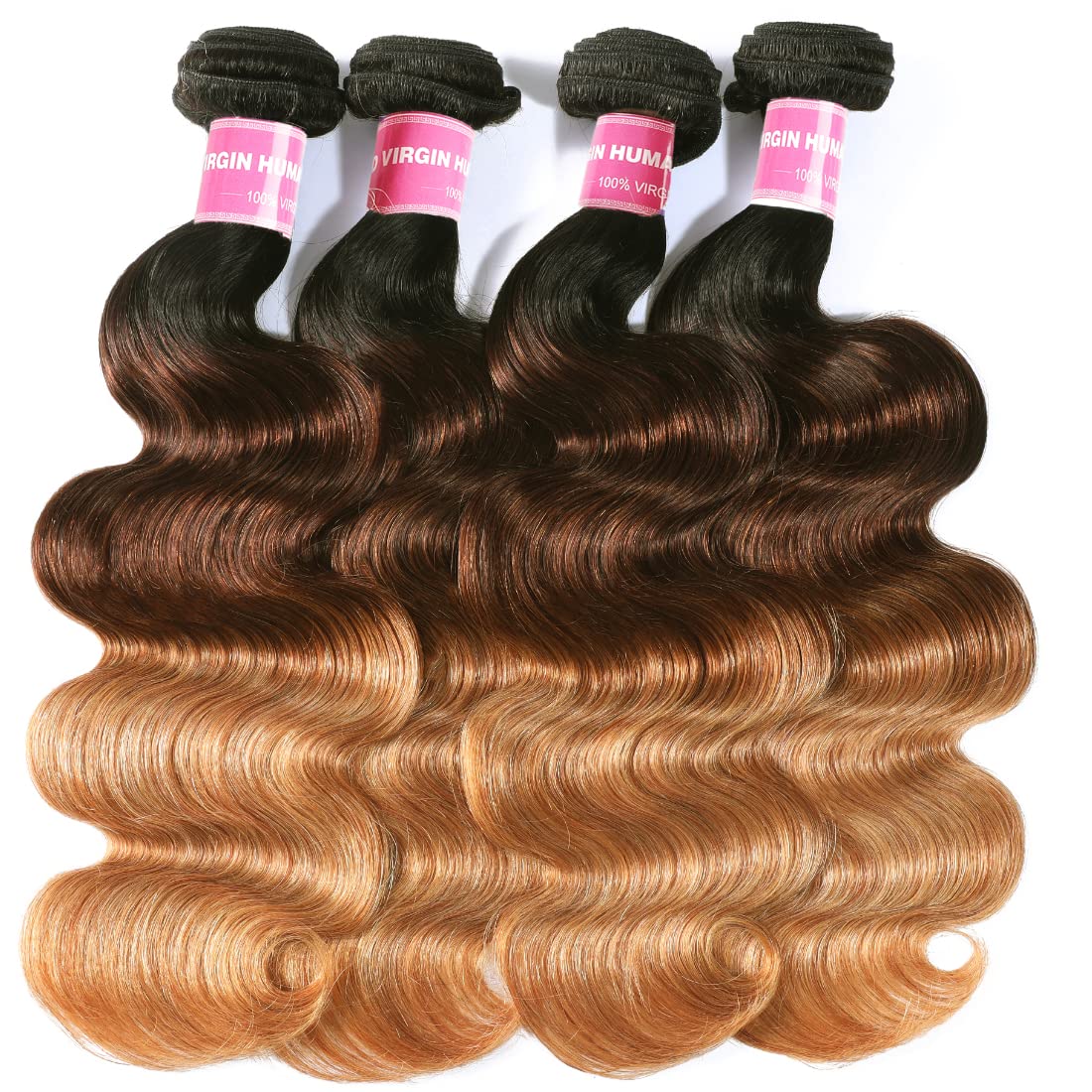 Sunber Ombre Brazilian Hair Bundles Body Wave 12A Grade Human Virgin Hair One Bundles 3 Tone 1B/4/27 Color Hair Extensions 18Inch T1B/4/27 Color