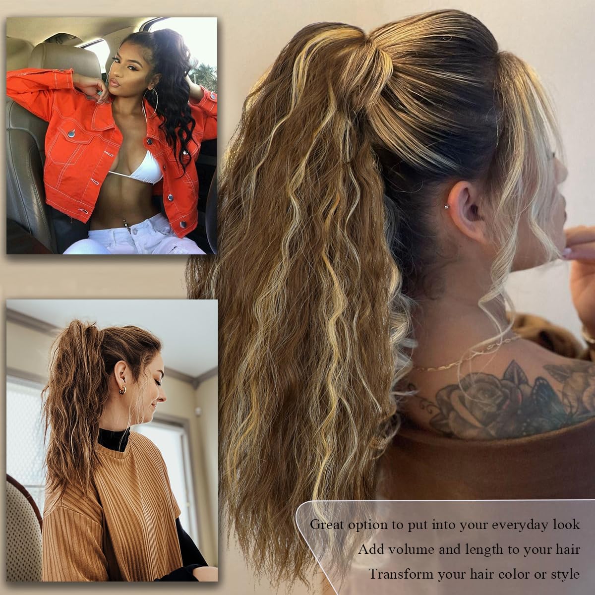 Yekartary Claw Clip Ponytail Extension for Women 18 Inch Long Wavy Multi Layered Hairpiece Fluffy Synthetic Hair Dark Brown mix Dark Blonde