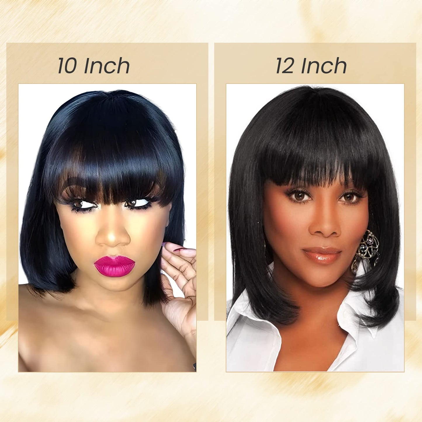 TESSHAIR 10 Inch Light YAKI Short Bob Wig Human Hair with Bangs, Black Blunt Cut Bob Wig Straight Glueless Headband Wigs for Women, Realistic Large Lace Scalp 180% Density 100% Human Hair