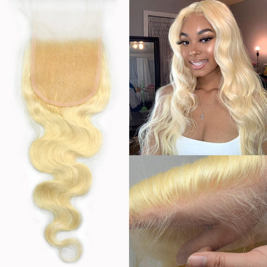 BLUPLE 613 Blonde 5x5 Lace Closure Body Wave Brazilian Virgin Human Hair Free Part with Baby Hair Bleached Knots Pre Plucked Natural Hairline 18 Inch