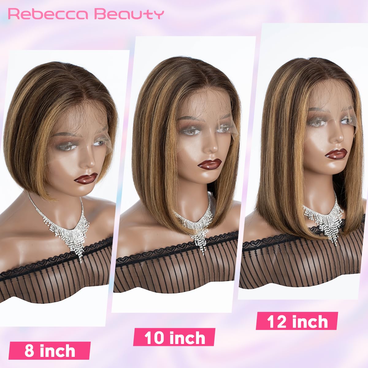 Rebecca Beauty Highlight Ombre Bob Lace Front Wigs Human Hair Upgraded 4x4 Closure Bob Wig 12 Inch Pre Plucked Short Straight Bob Wig for Black Women (Color TTPI4/27)