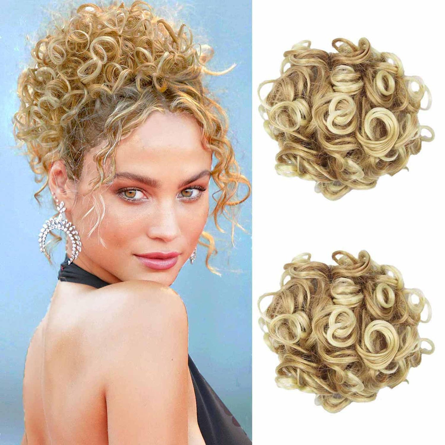 shufang Messy Bun Hair Piece for Women Hair Bun Hair Pieces for Women Elastic Drawstring Loose Curly Bun Hair Piece for Women Short Curly Ponytail Extensions (Pack of 2, 27/613)