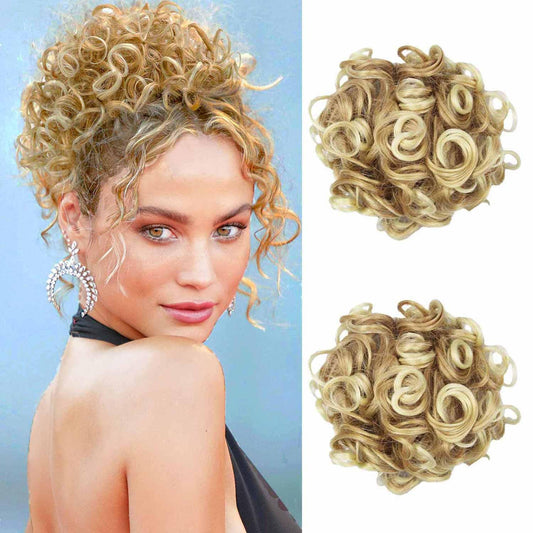 shufang Messy Bun Hair Piece for Women Hair Bun Hair Pieces for Women Elastic Drawstring Loose Curly Bun Hair Piece for Women Short Curly Ponytail Extensions (Pack of 2, 27/613)