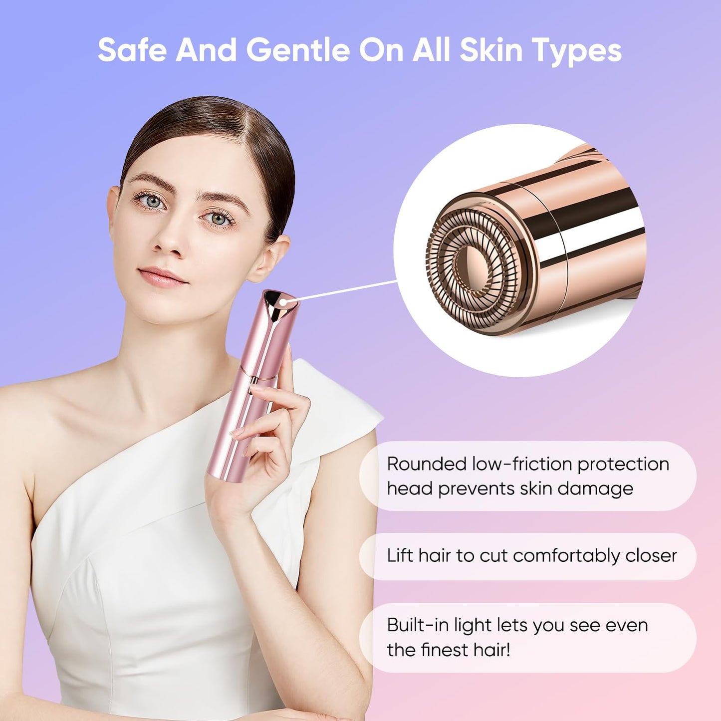 Xinvinx Facial Hair Removal for Women- as Seen on TV Painless Face Shaver -Painless Womens Facial Hair Remover with 2 Replacement Heads, Lipstick-Sized, USB Rechargeable（Rose Gold）