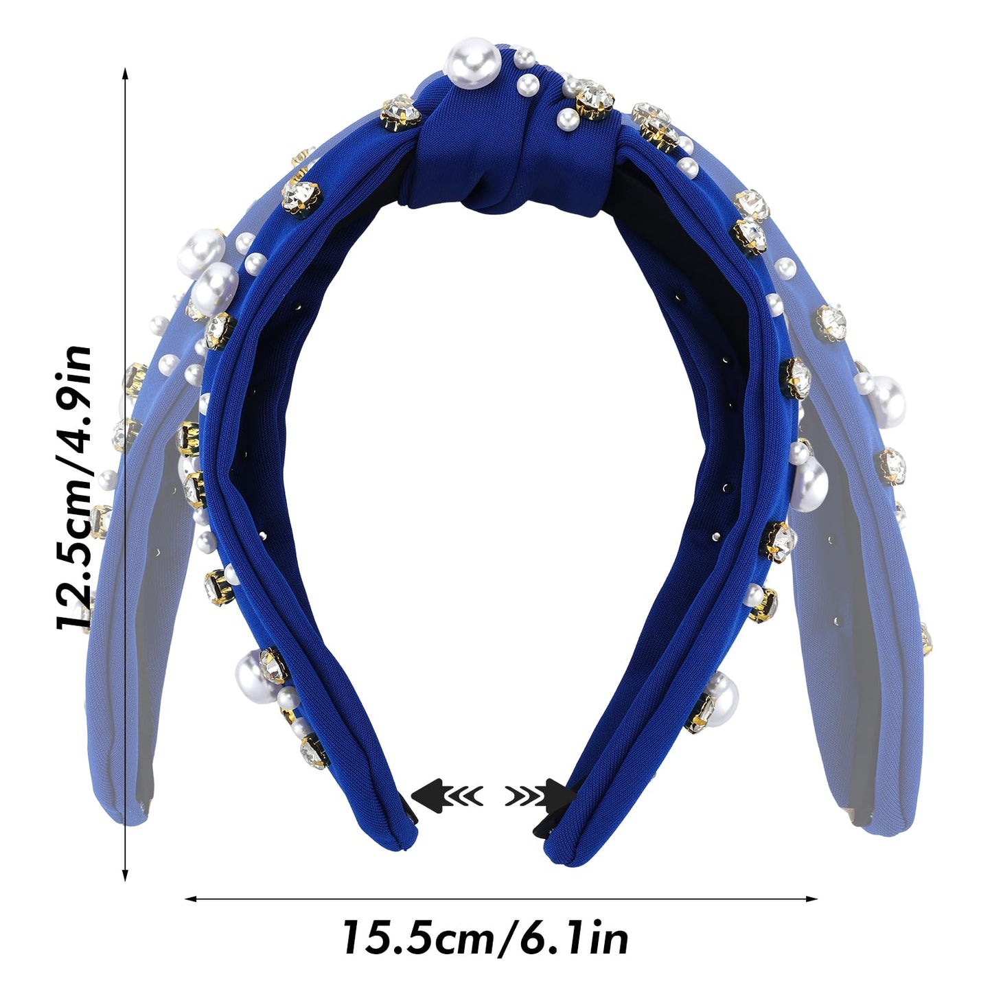 Zkptops Knotted Headband Pearl Rhinestone Headband for Women Beaded Wide Cute Adults Headwear Turban Bride Hairband Fashion Non Slip Sparkly Headpiece Hair Accessory Bachelorette Party Gift(Navy Blue)