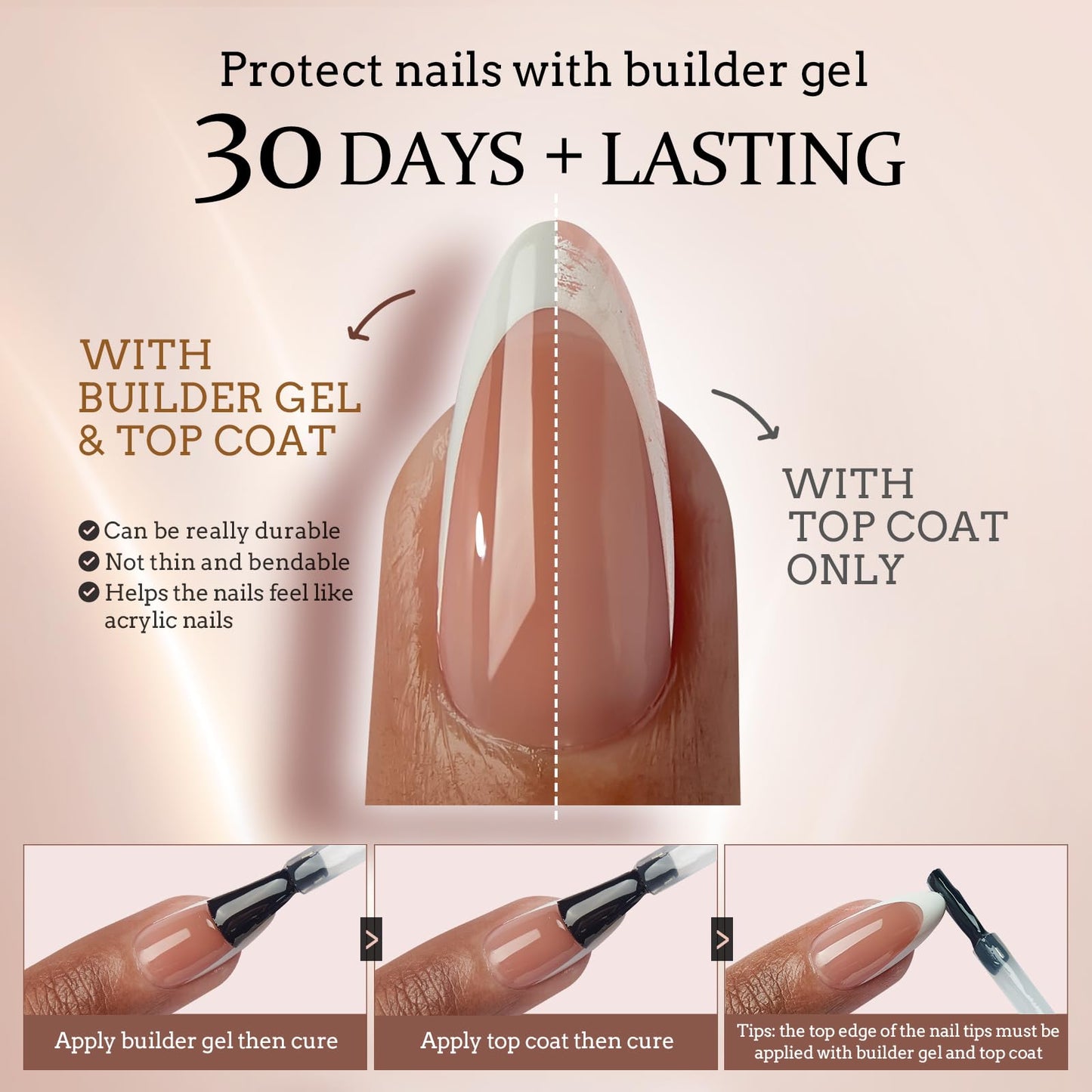 BTArtboxnails French Gel Nail Tips - French Tip Press on Nails Brown Short Almond 3 in 1 X-coat Tips Pre-applied Tip Primer & Base Coat, No Need to File Fake Nails for Nail Art DIY