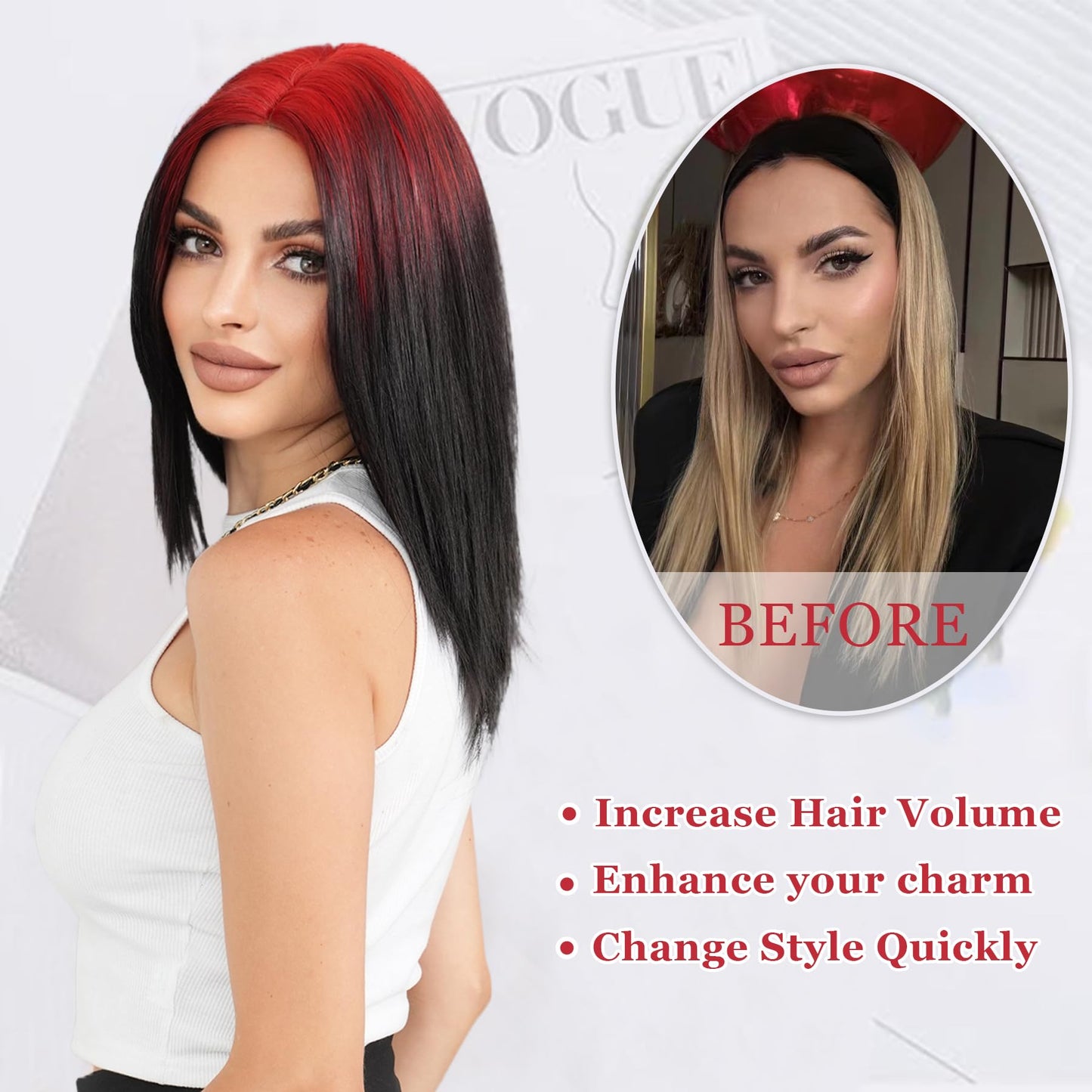 PARK YUN Red black Ombre Shoulder Length Straight Wig 19 Inch Short Straight Layered Wig Middle Part Synthetic Heat Resistant Wig for Women Daily Party used.