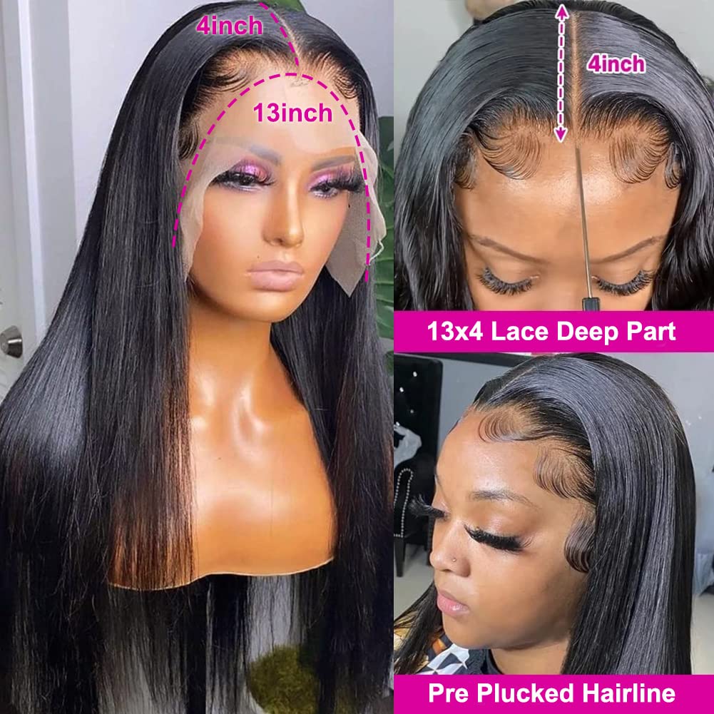 QD-Tizer Long Straight Lace Front Wigs Human Hair Pre Plucked with Baby Hair Glueless 150% Density 13x4 HD Lace Frontal Human Hair Wigs for Black Women Natural Hairline
