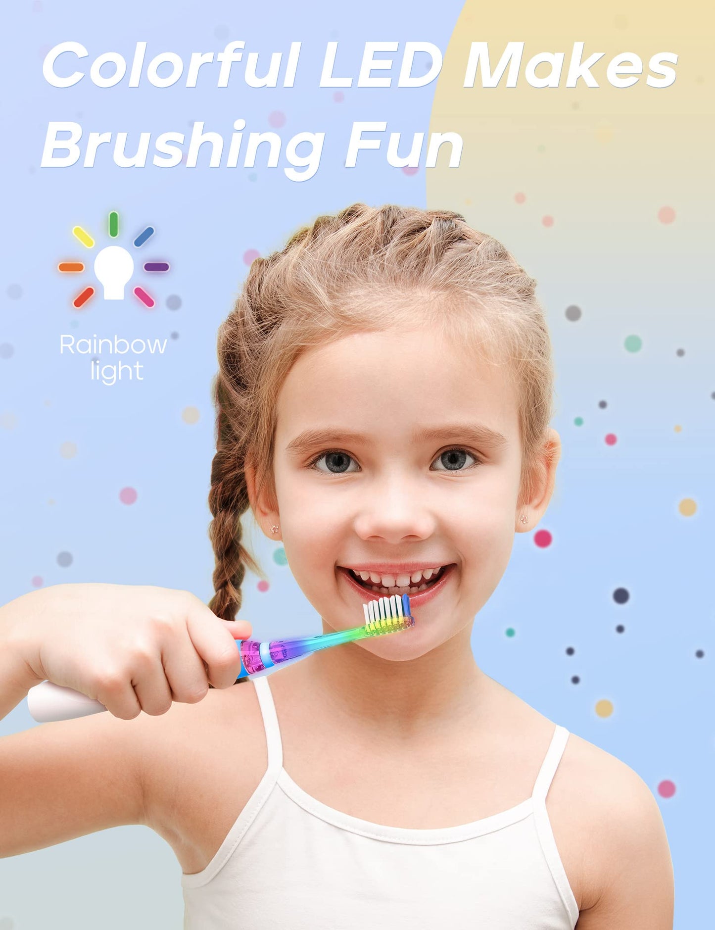 SEAGO Kids Electric Toothbrush with 2 Mins Brushing Timer and 4 Replacement Bursh Heads, Rainbow LED Light Make Brushing Fun, Blue Color Boys Battery Powerd Toothbrush for 4-12 Years Old
