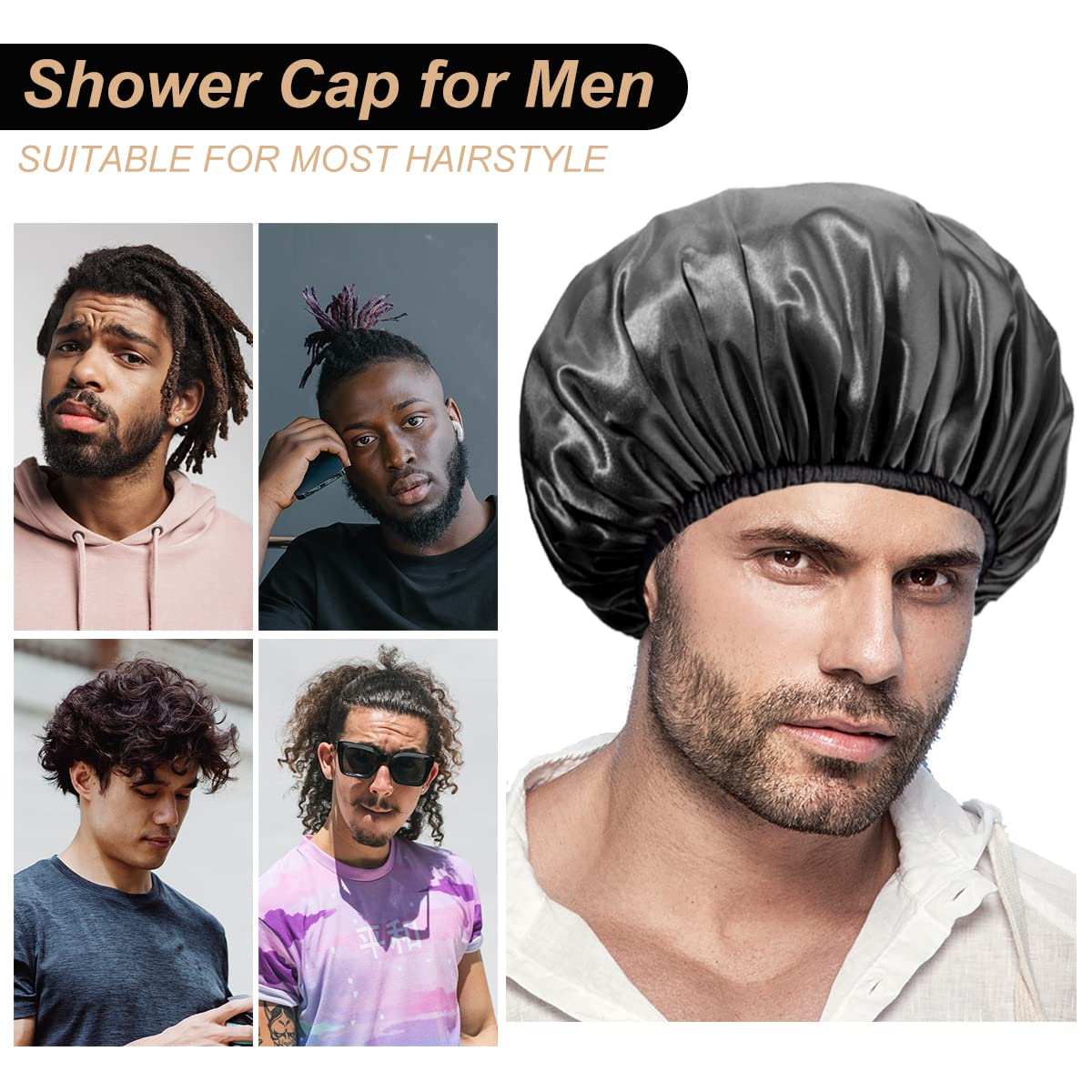 Aquior Shower Cap, Extra Large Shower Cap for Men, Satin EVA Double Layer Waterproof Reusable Hair Cap for Women Long Hair(All Black 4 Pack)