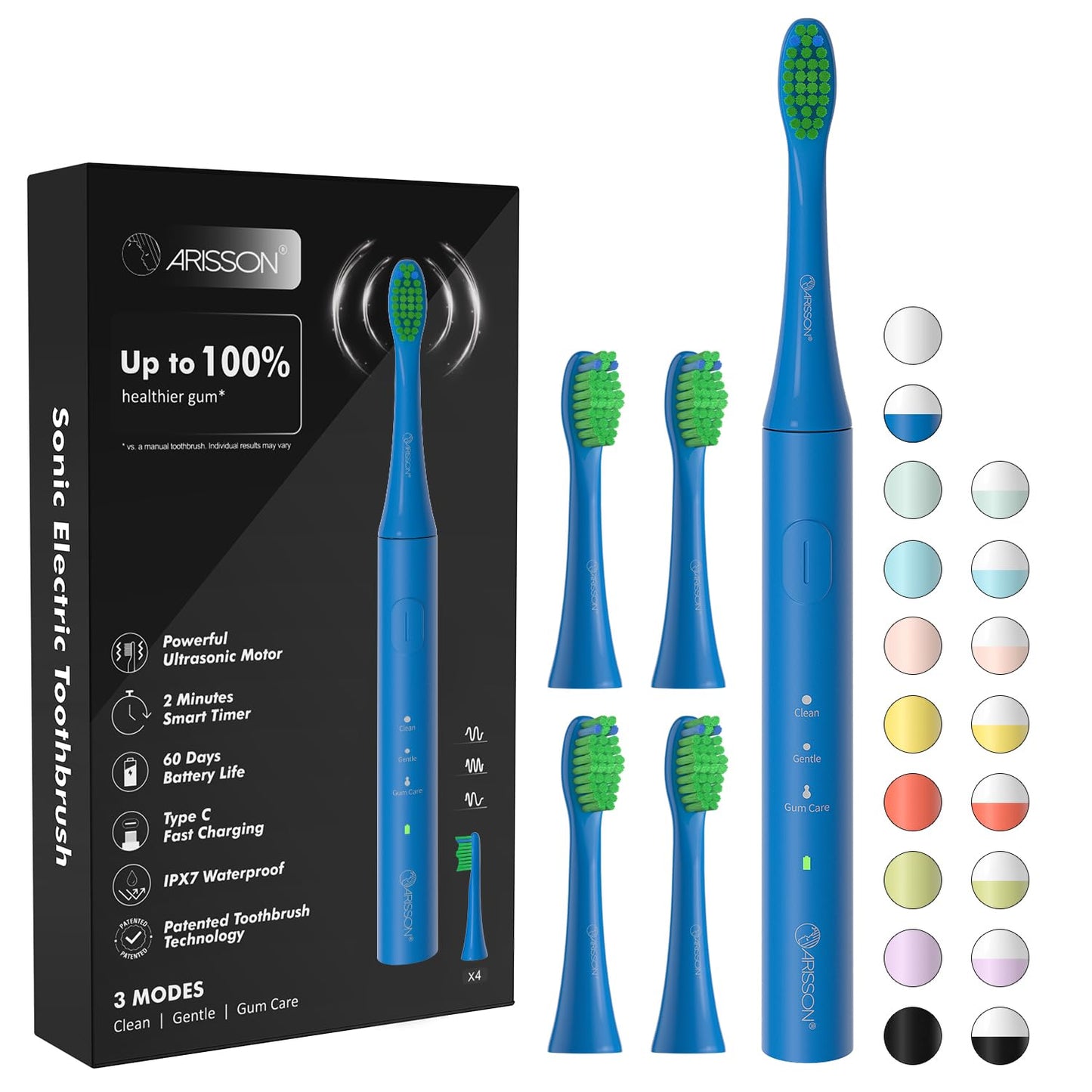 ARISSON Sonic Electric Toothbrush for Adults and Kids, 40,000 VPM Power Toothbrush, 1.5H Fast Charge Ultrasonic Electric Toothbrushes with 2 Minutes Smart Timer, 1.6 Oz Travel Toothbrush, Azure Blue